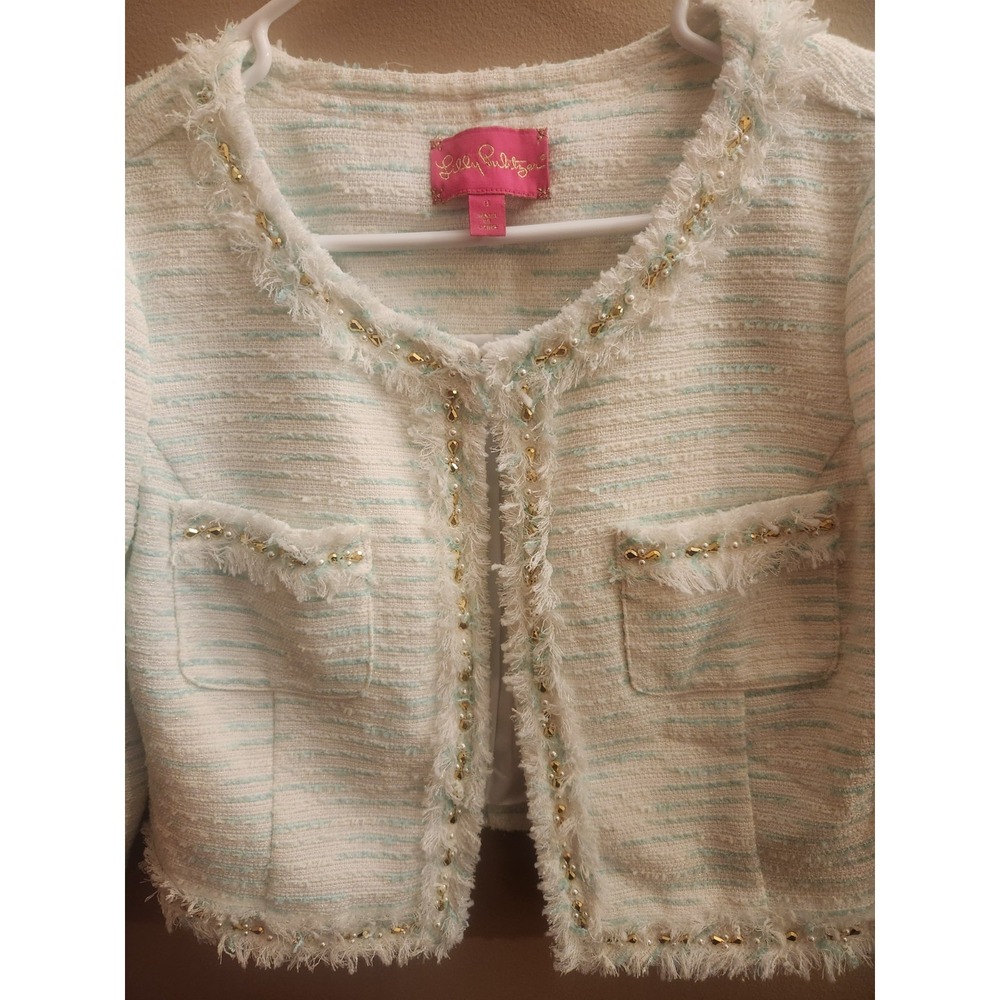 Lilly Pulitzer Green Gold Crystal Water Boucle Lurex Cropped Lia Jacket Blazer 8 - Picture 5 of 7